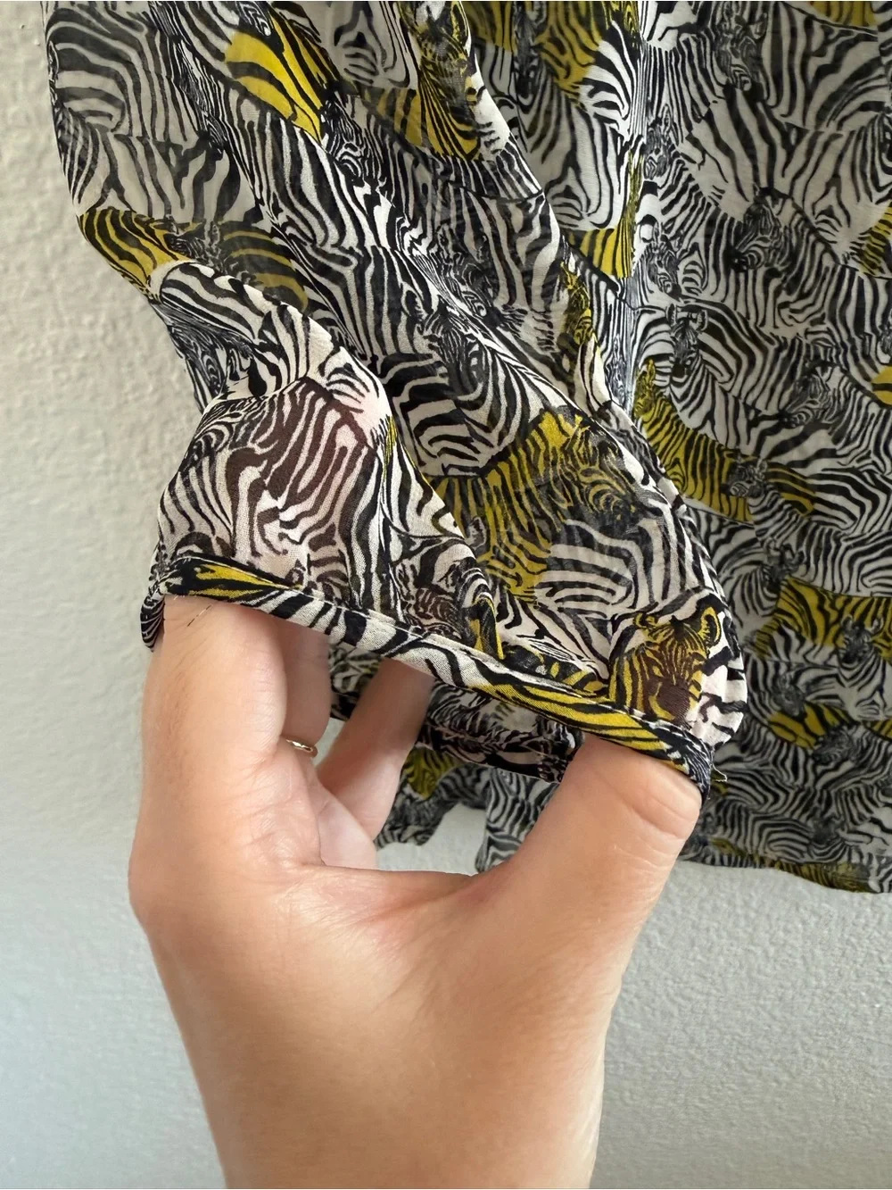 Banana Republic Sheer Zebra Print Long Sleeve with Front Cut Out Gold Bar